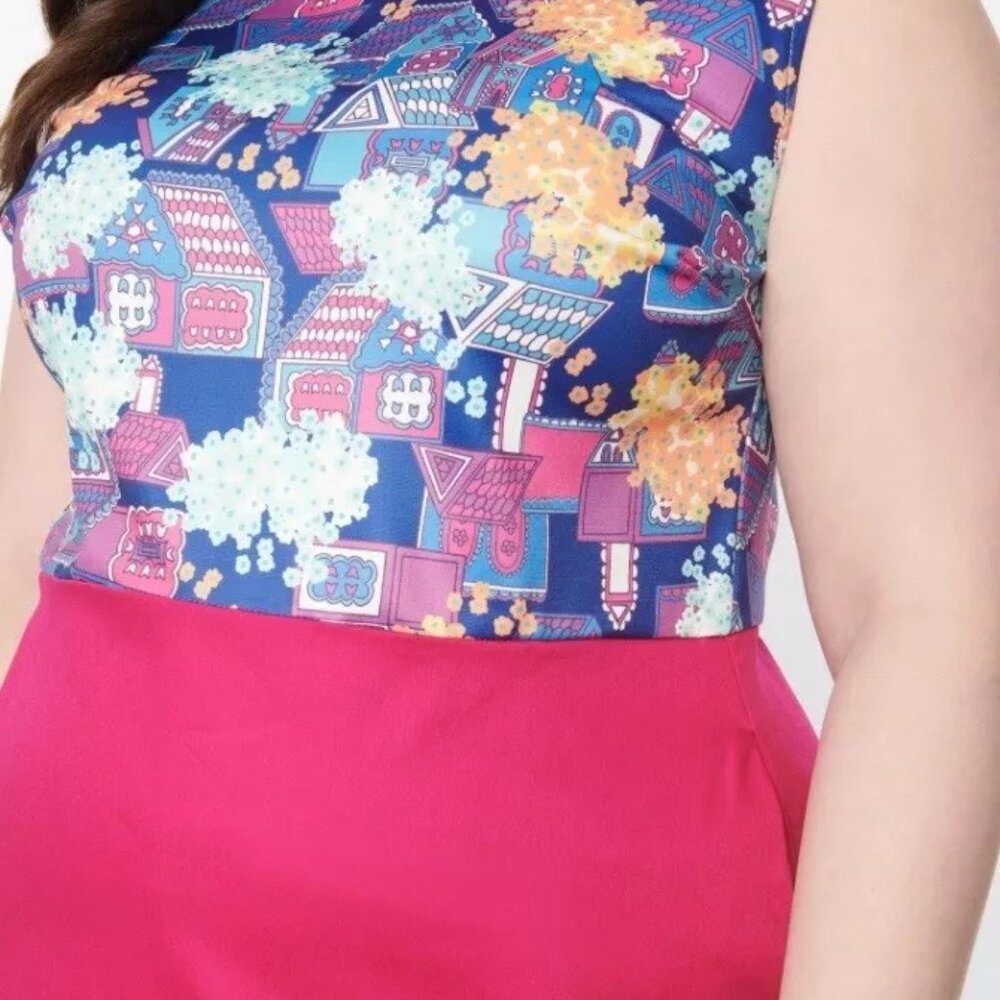 NWT 2X 18 Smak Parlour Fuchsia & Fancy Houses & Flowers Mini Dress - Picture 4 of 13